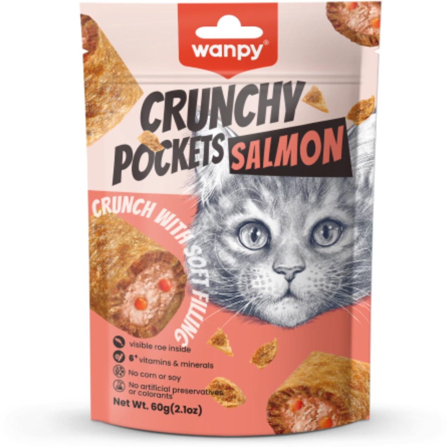 تشویقی گربه ونپی با طعم ماهی سالمون و خاویار Wanpy Crunchy Pockets وزن 60 گرم